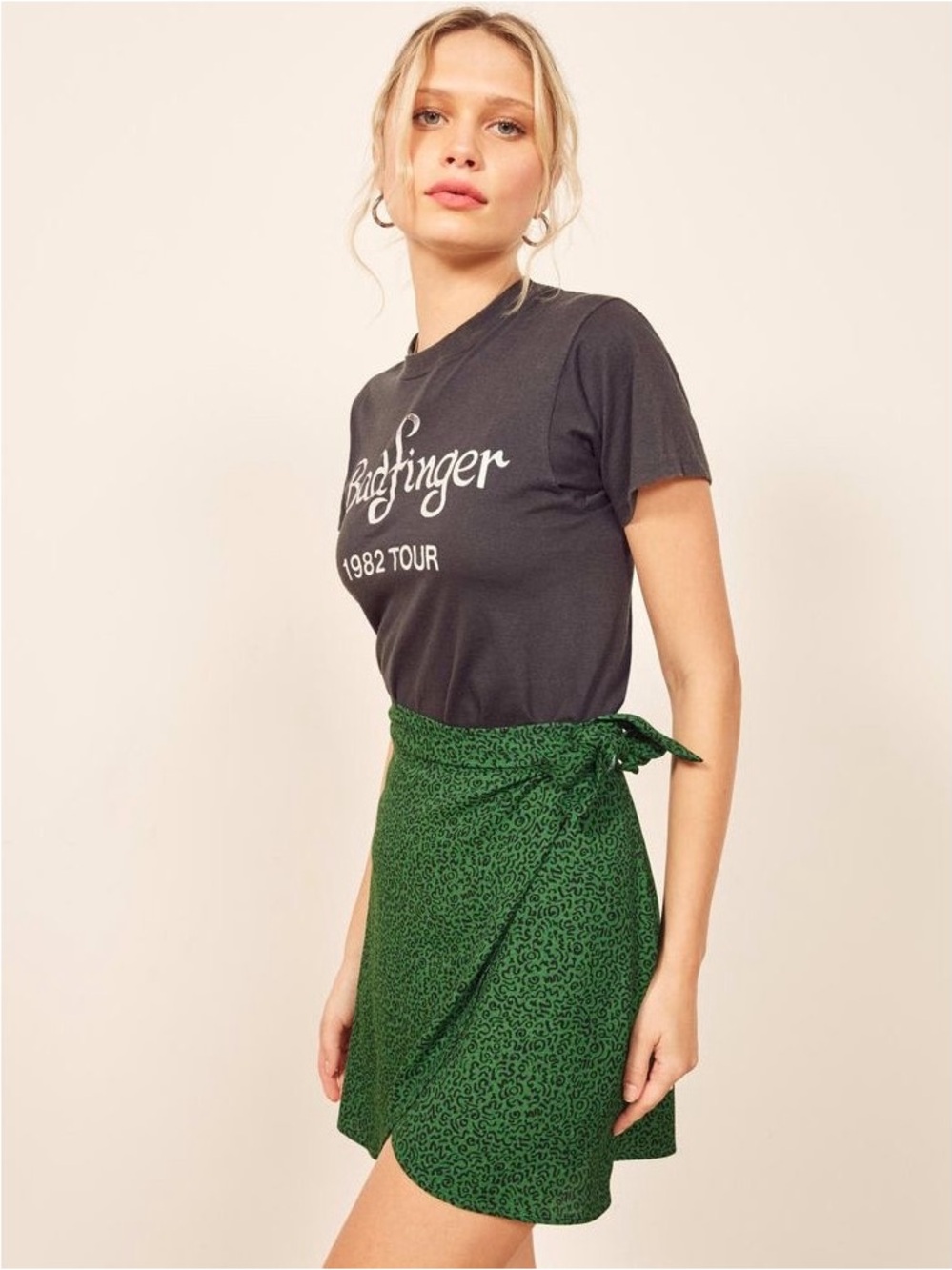 Reformation Green Printed Mini Wrap Skirt